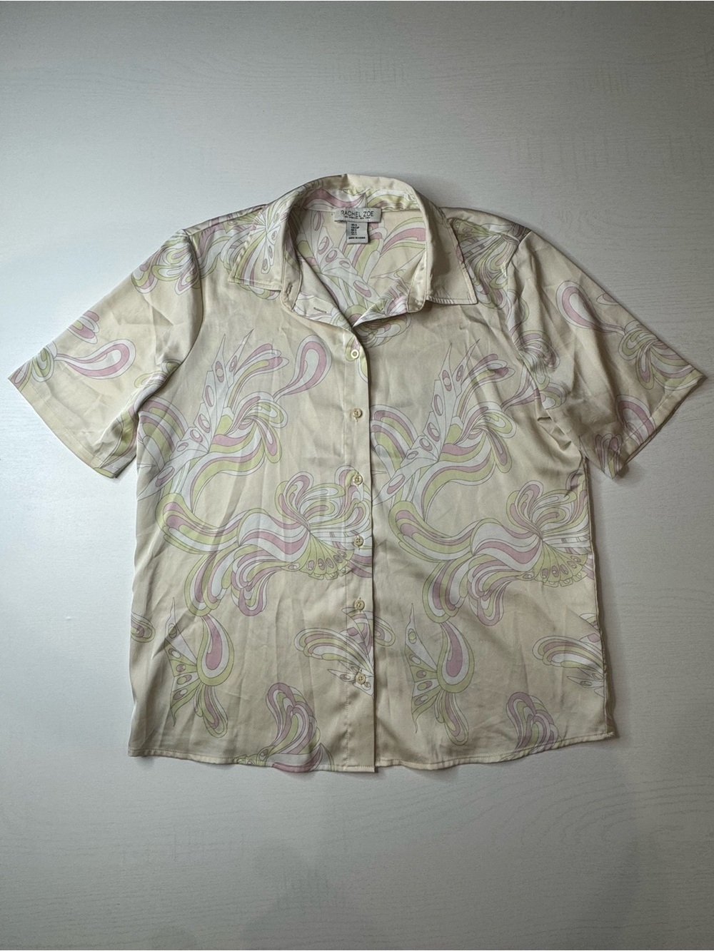 Rachel Zoe Cream Short-Sleeve Button-Down Shirt with Pastel Pink and Sage Print